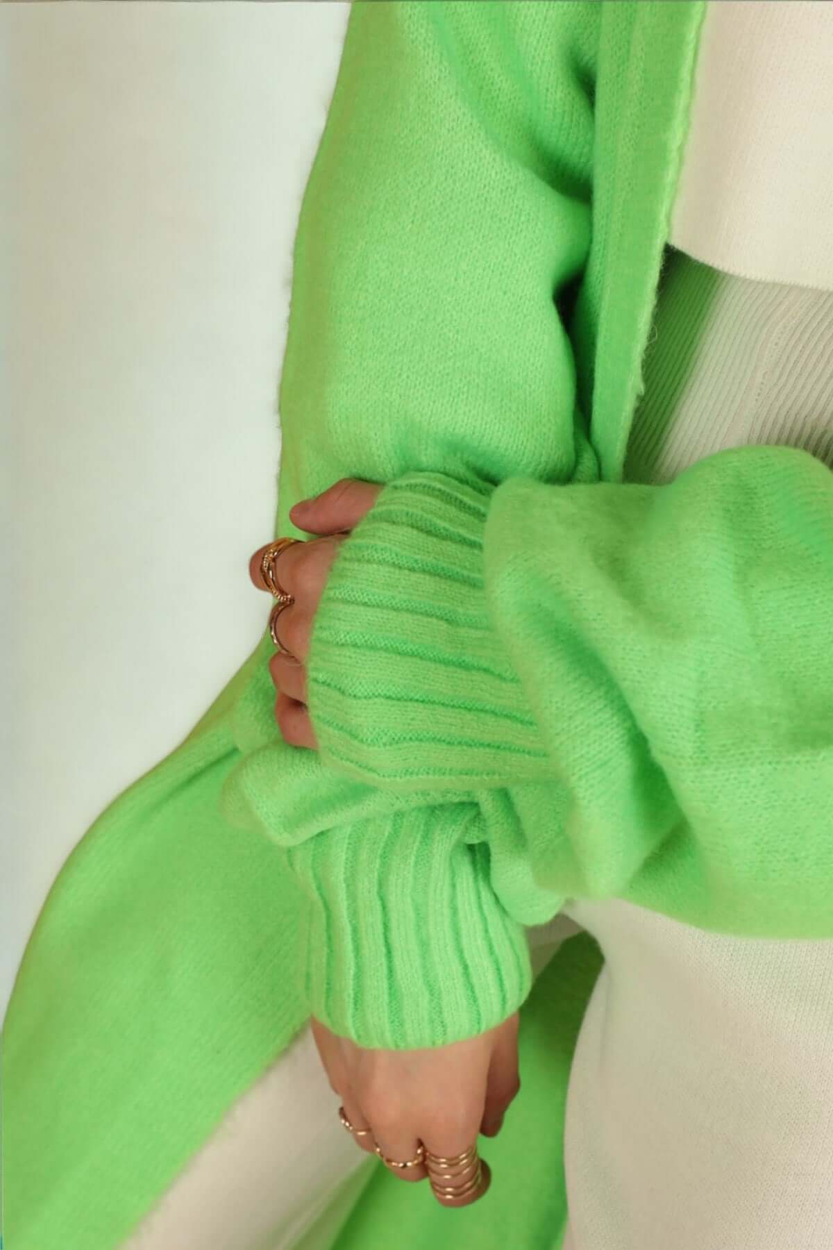 Knitwear Fabric Shawl Collar Long Cardigan-Neon Green