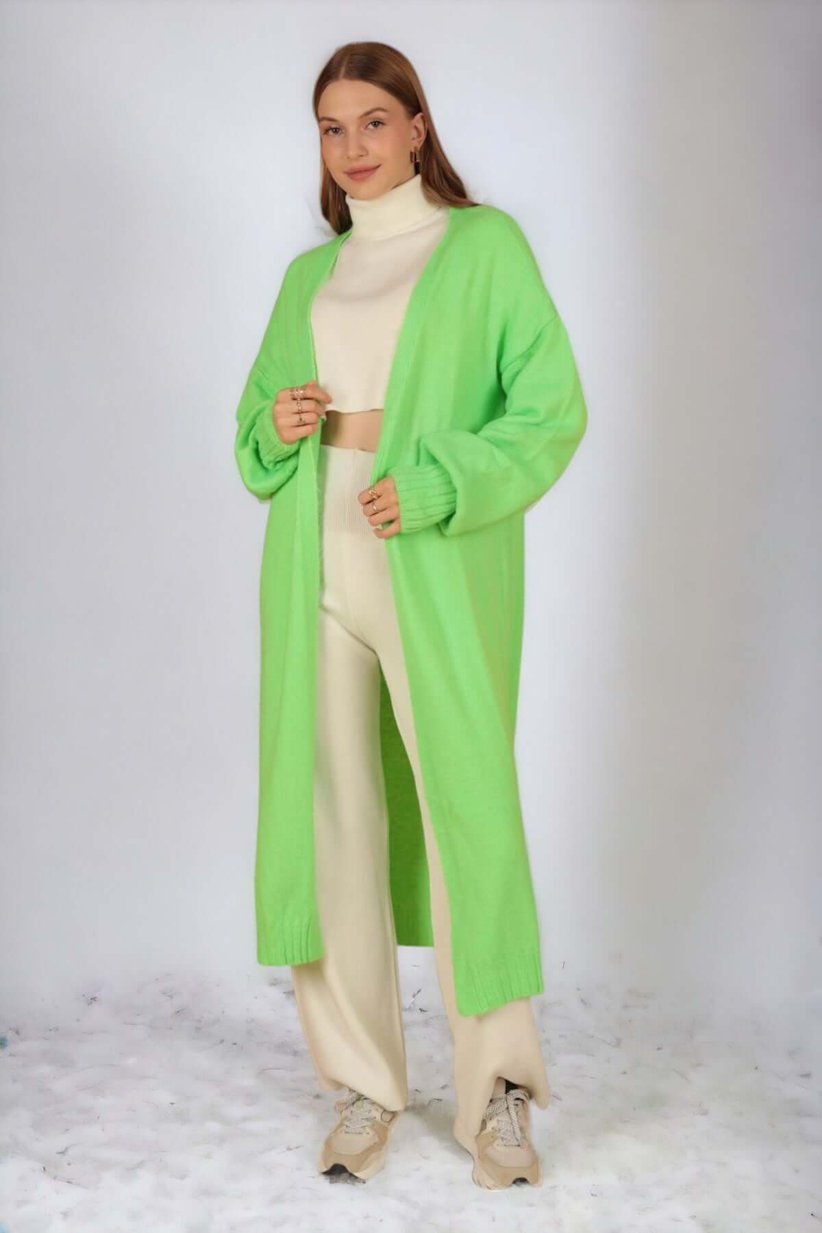 Knitwear Fabric Shawl Collar Long Cardigan-Neon Green