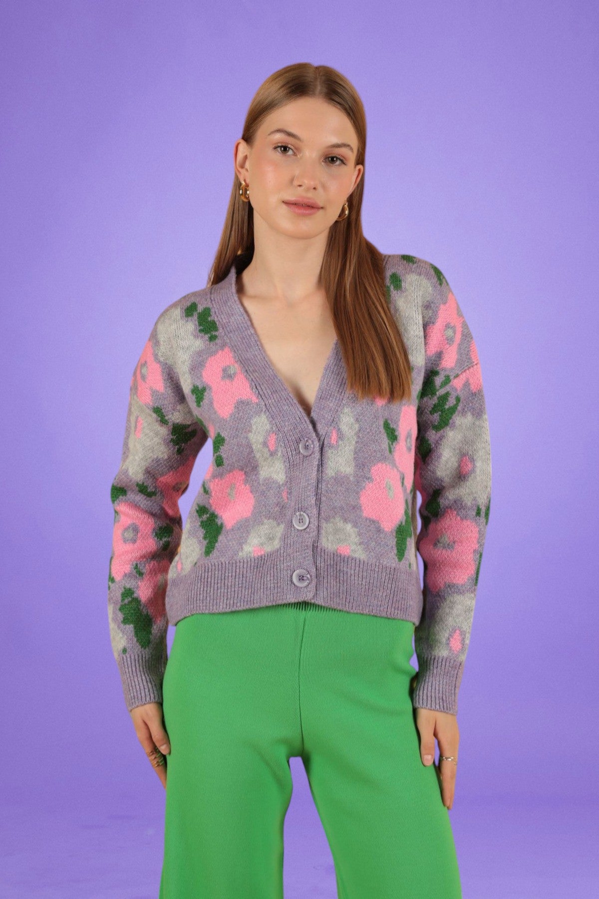 Floral Pattern Knitted Oversize Cardigan-Lilac