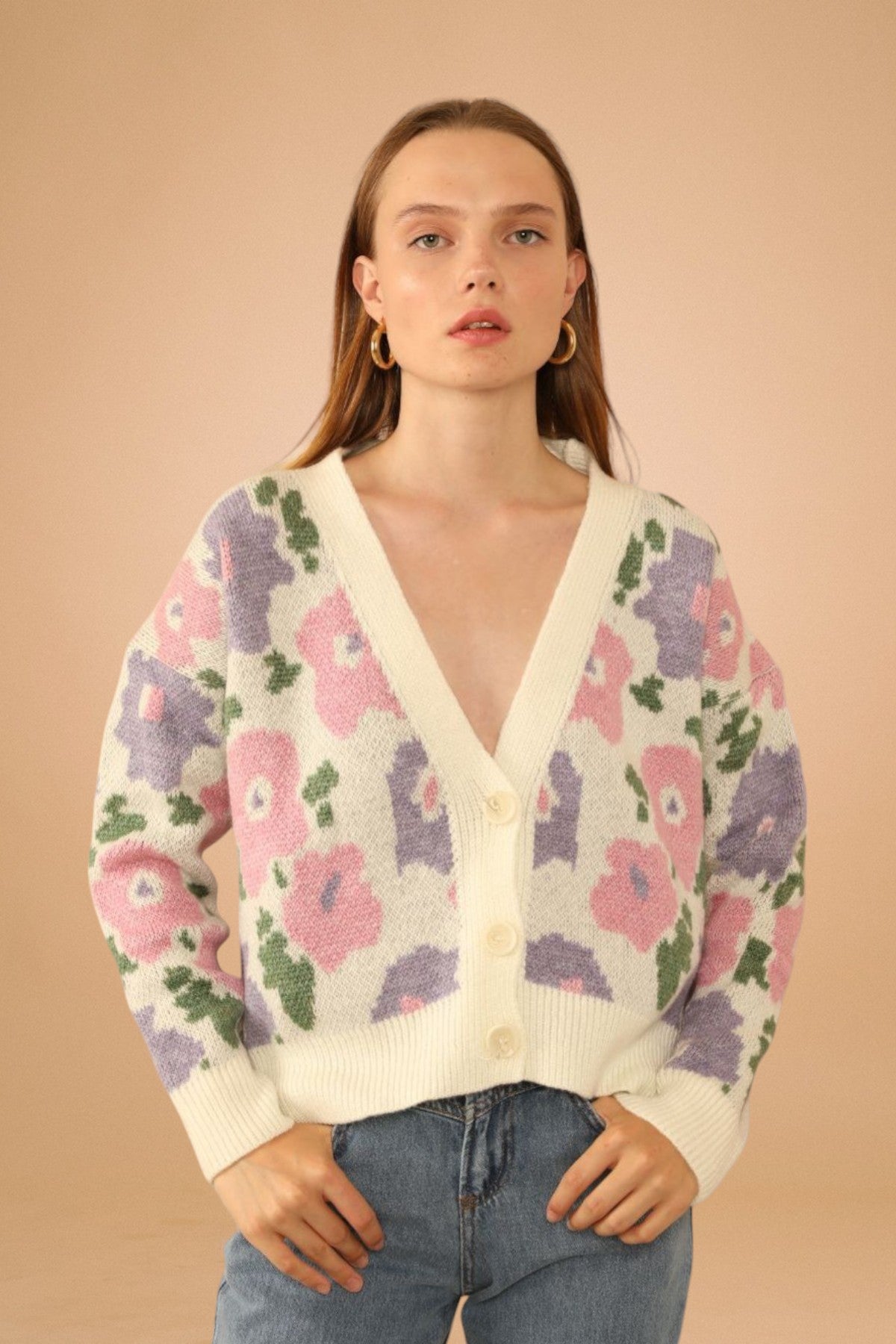 Floral Pattern Knitted Oversize Cardigan-Ecru