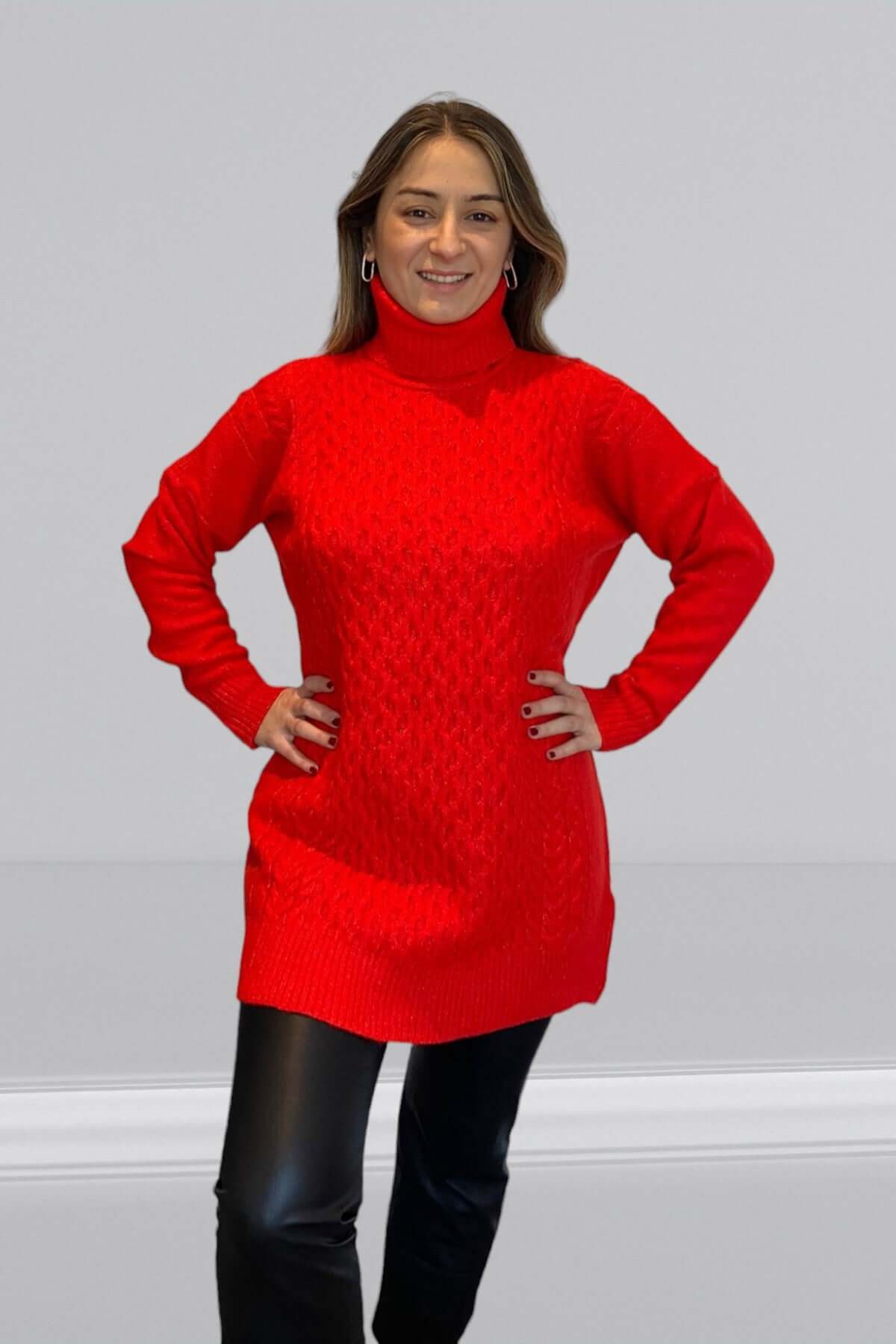 Long Knitted Turtleneck Sweater-Red