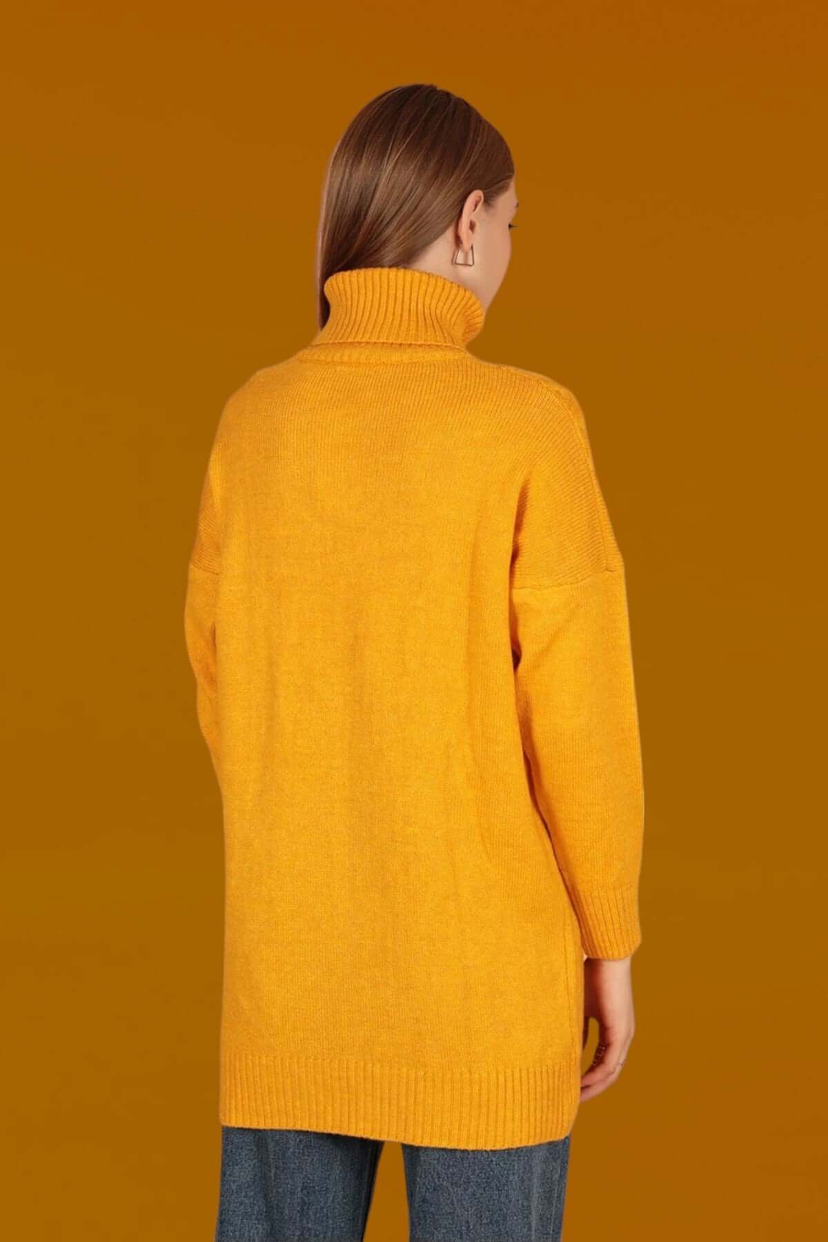 Long Knitted Turtleneck Sweater-Mustard