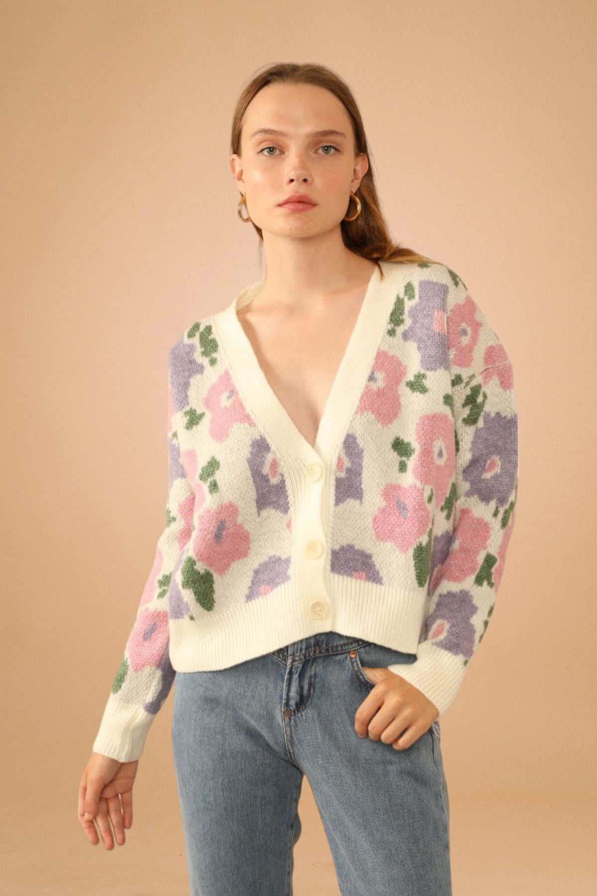 Floral Pattern Knitted Oversize Cardigan-Ecru