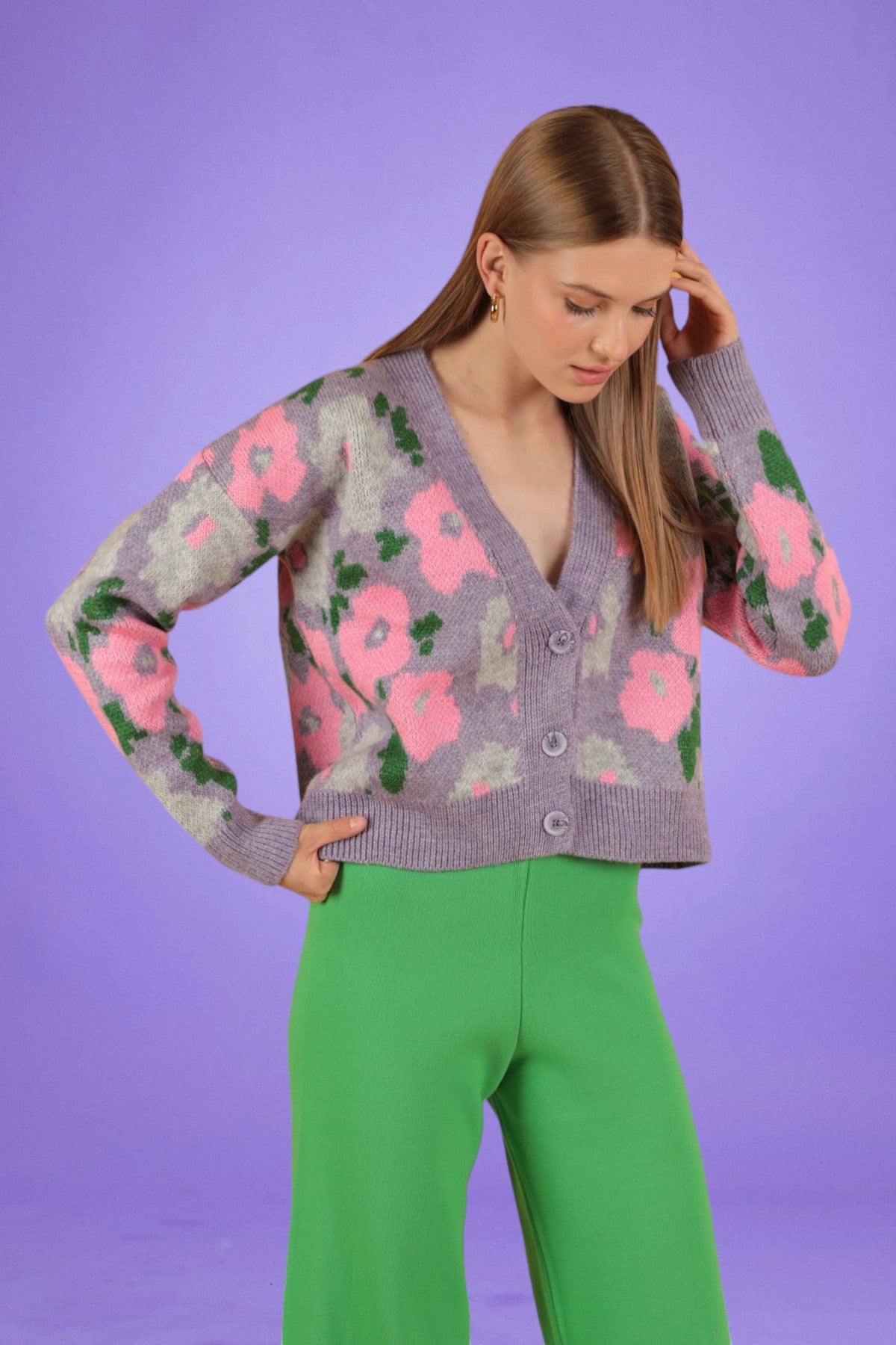 Floral Pattern Knitted Oversize Cardigan-Lilac