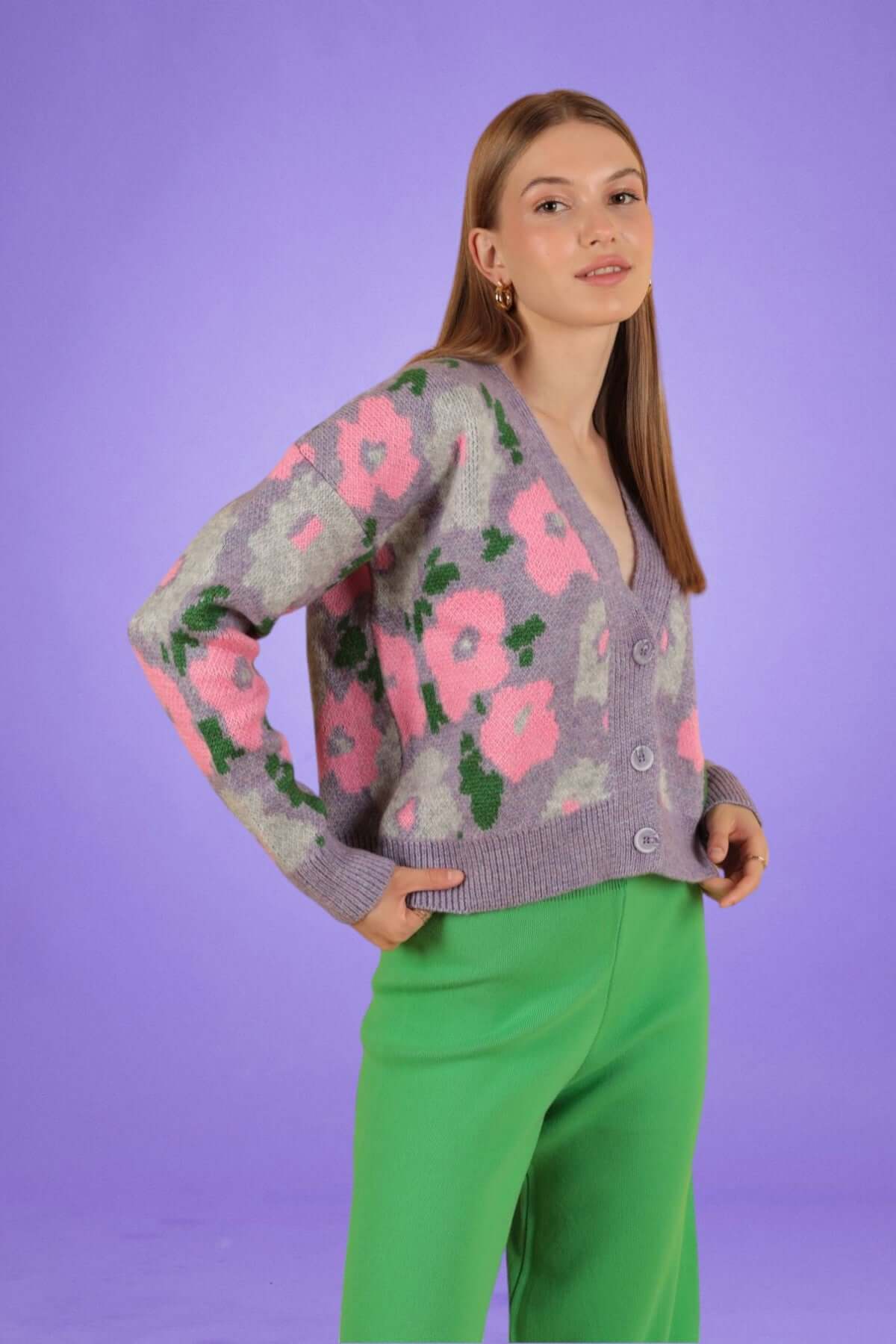 Floral Pattern Knitted Oversize Cardigan-Lilac