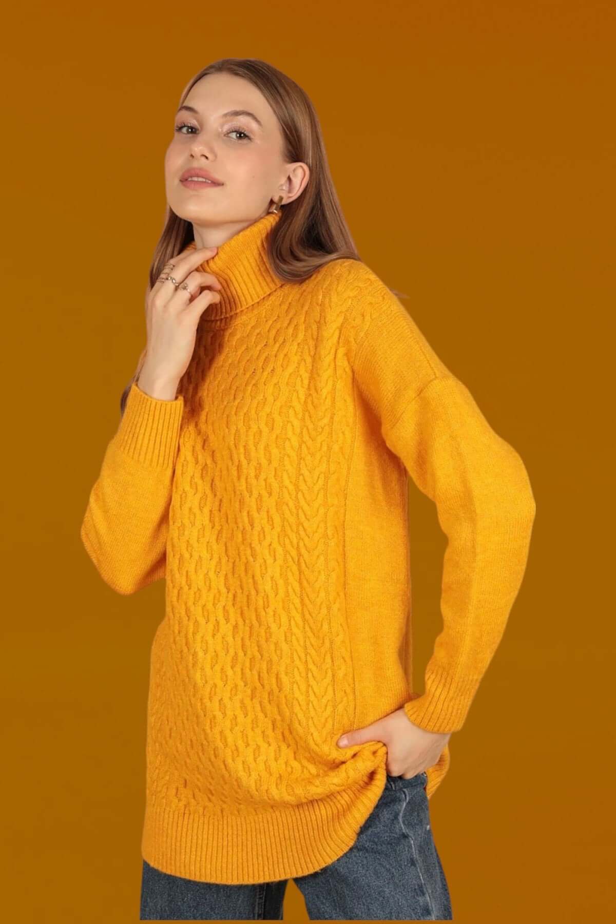 Long Knitted Turtleneck Sweater-Mustard