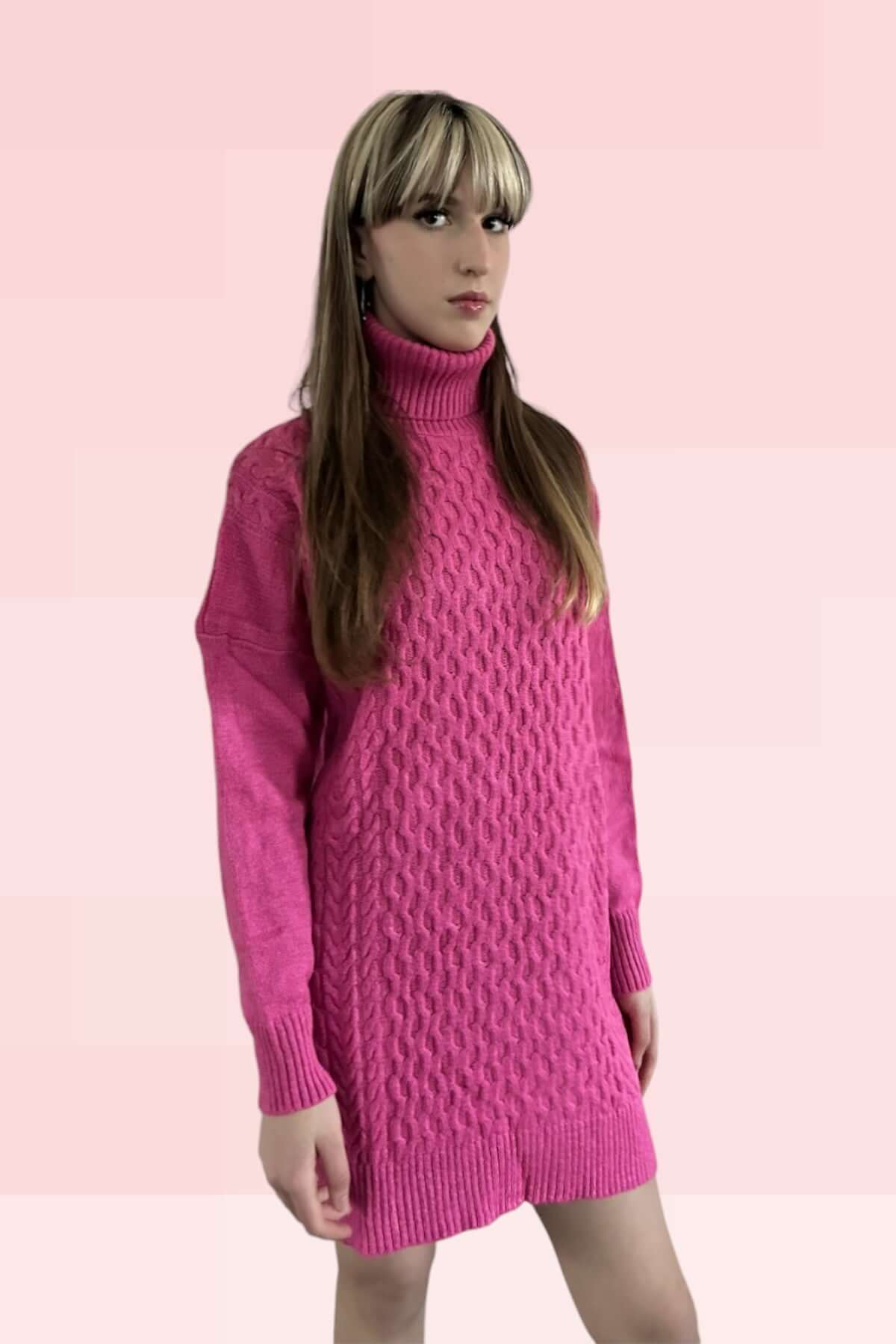 Long Knitted Turtleneck Sweater-Fuchsia