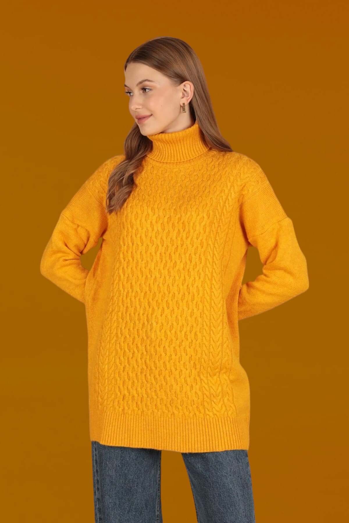 Long Knitted Turtleneck Sweater-Mustard