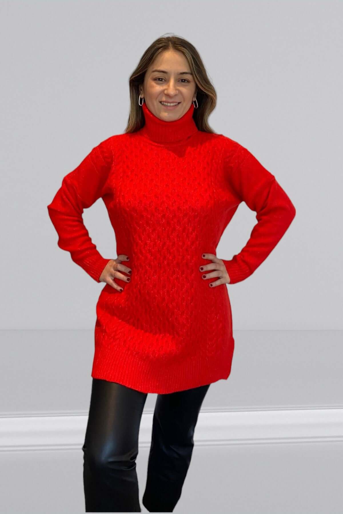 Long Knitted Turtleneck Sweater-Red