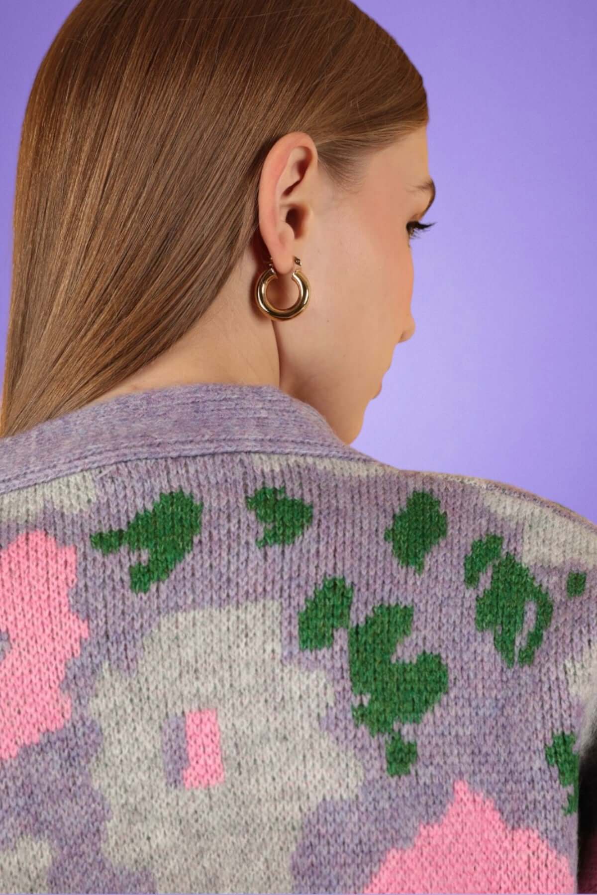 Floral Pattern Knitted Oversize Cardigan-Lilac