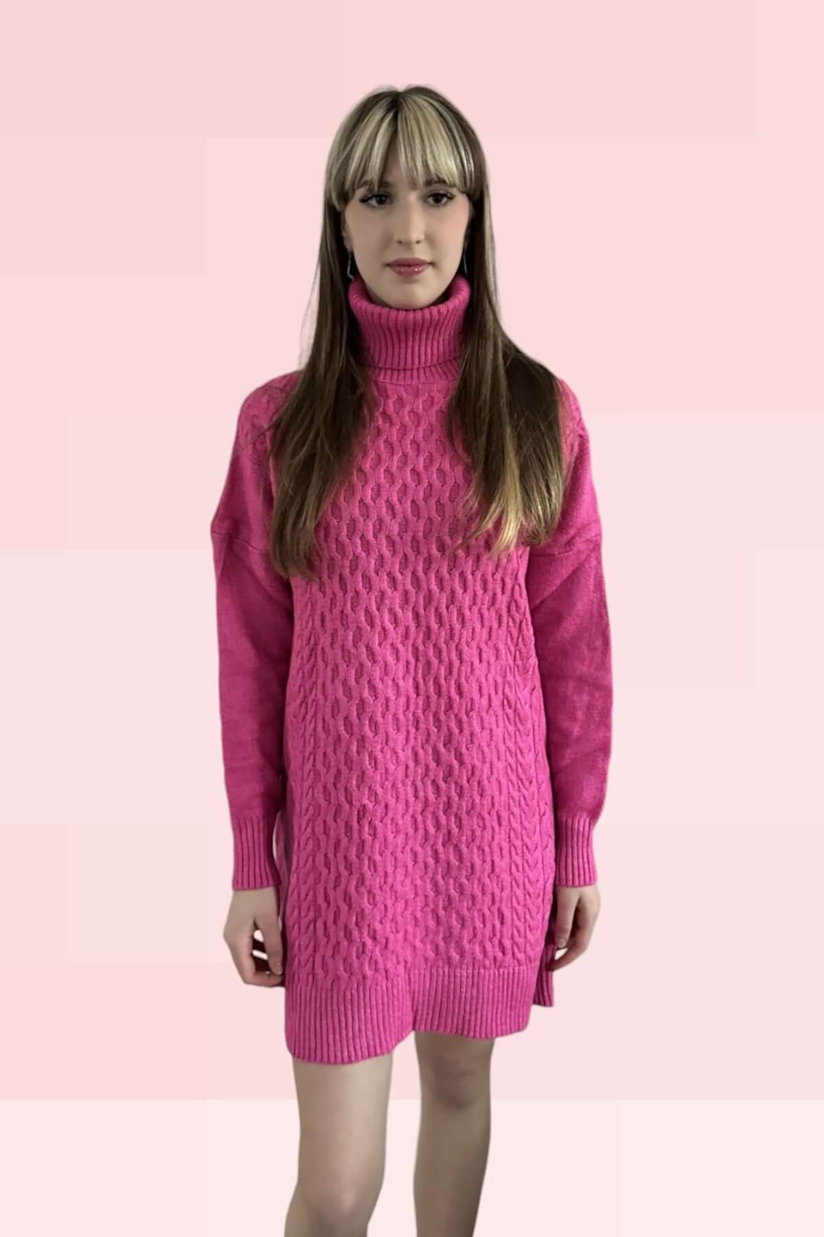 Long Knitted Turtleneck Sweater-Fuchsia