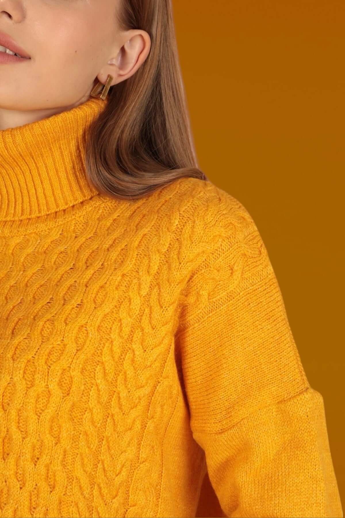 Long Knitted Turtleneck Sweater-Mustard