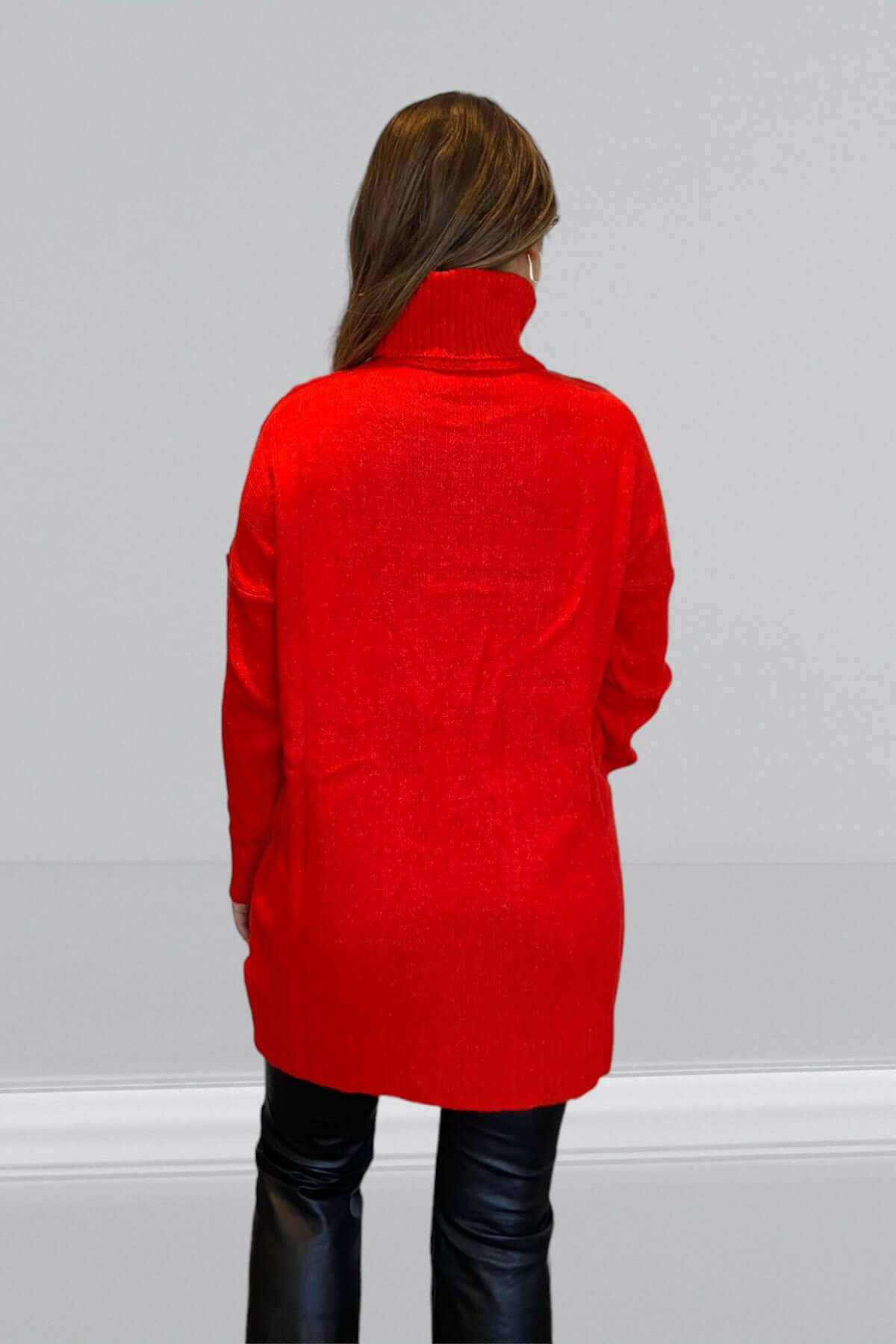 Long Knitted Turtleneck Sweater-Red