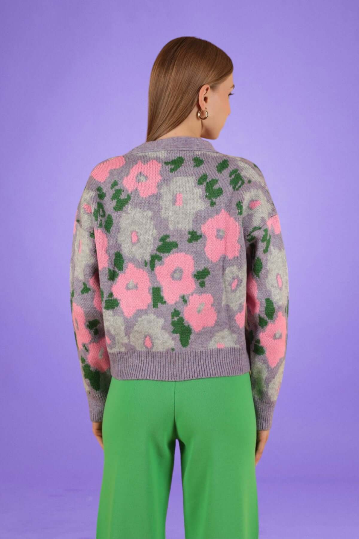 Floral Pattern Knitted Oversize Cardigan-Lilac