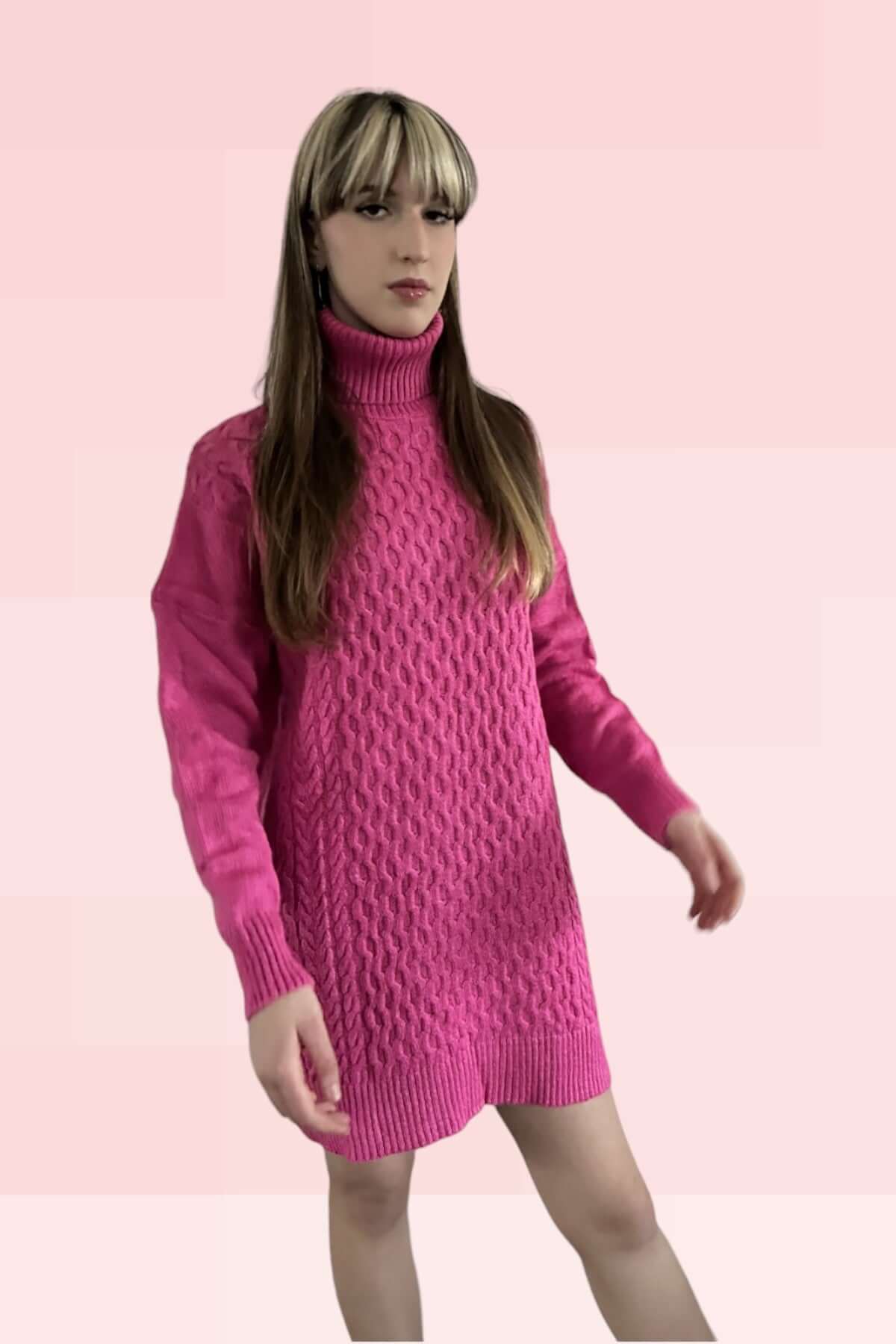 Long Knitted Turtleneck Sweater-Fuchsia