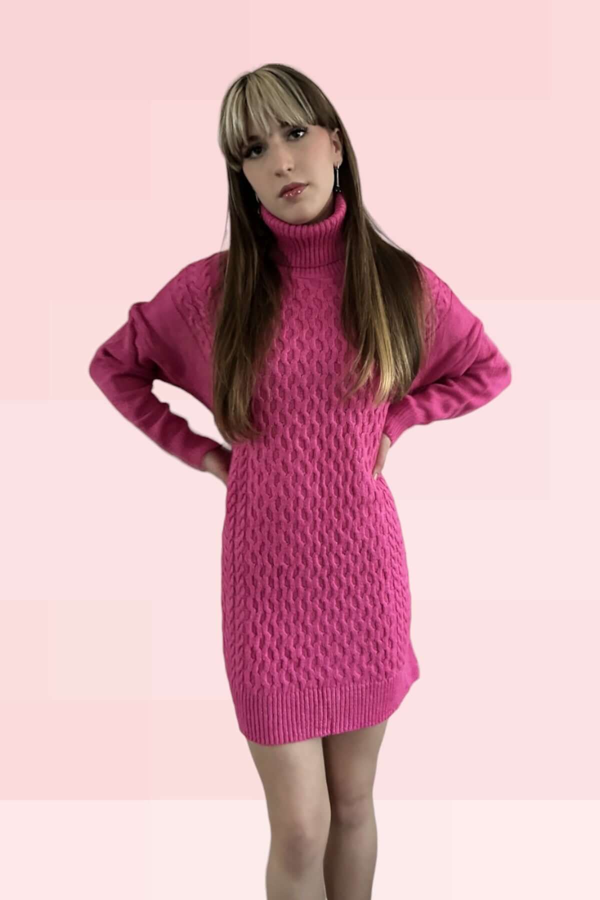 Long Knitted Turtleneck Sweater-Fuchsia