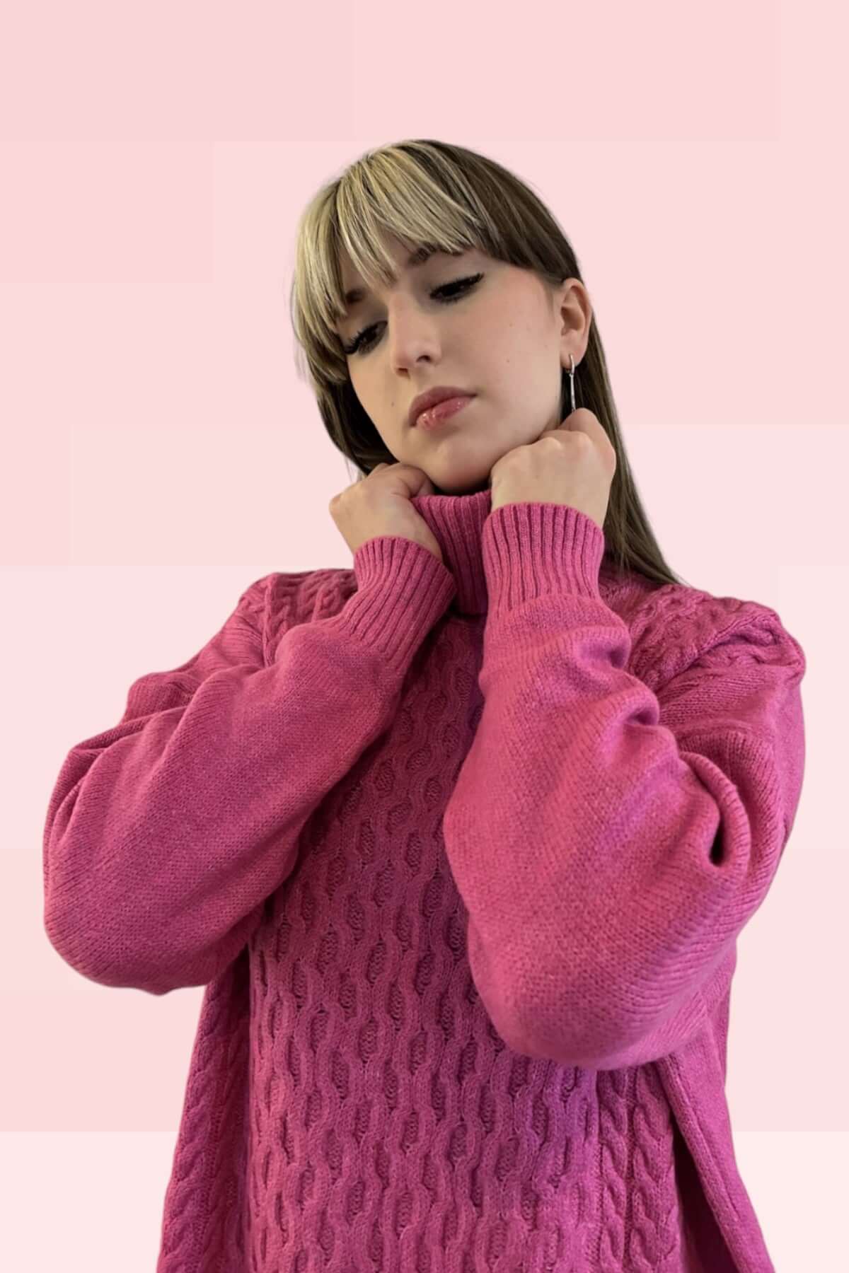 Long Knitted Turtleneck Sweater-Fuchsia