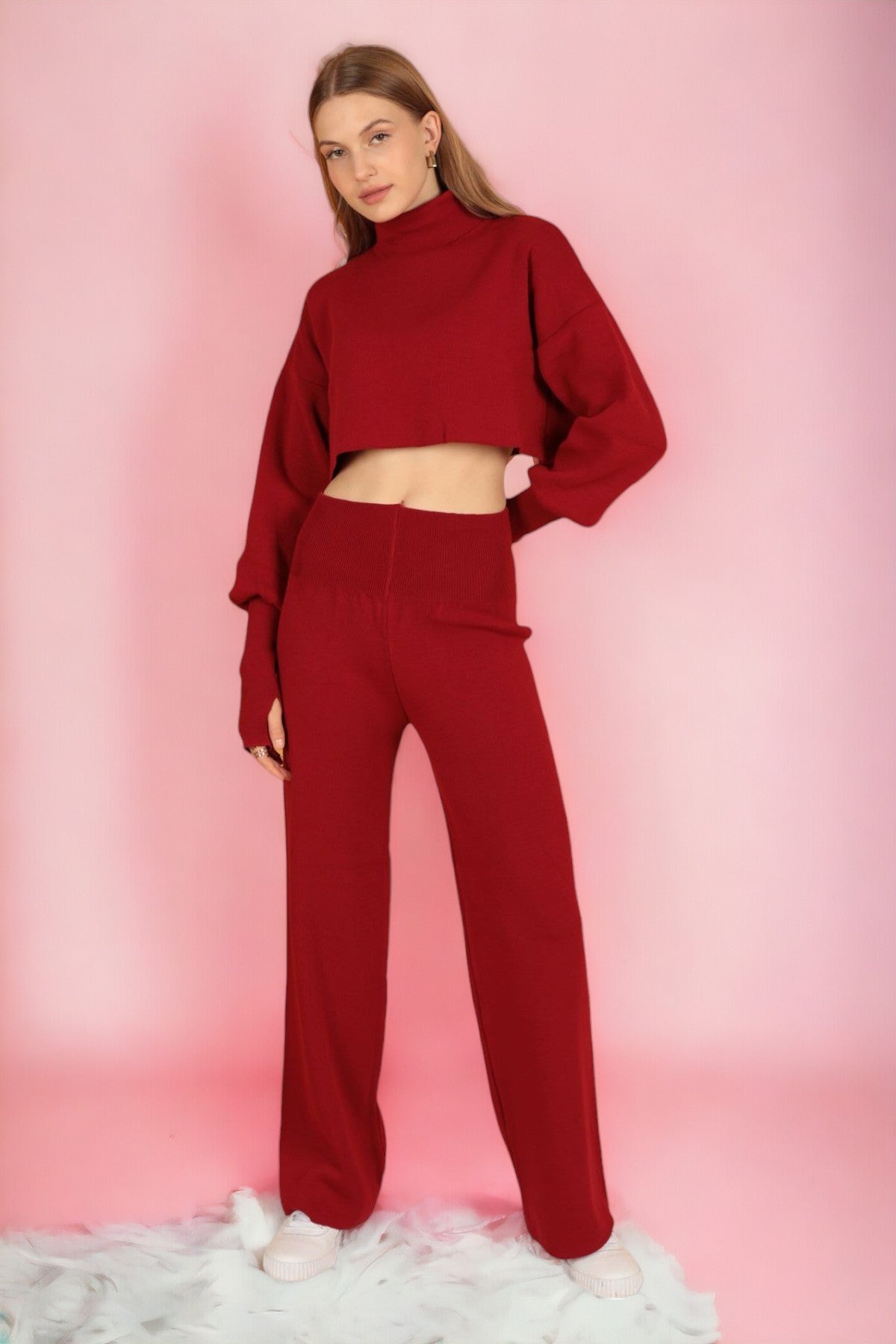 Knitted Crop Turtleneck Sweater with Puff Sleeve-Red