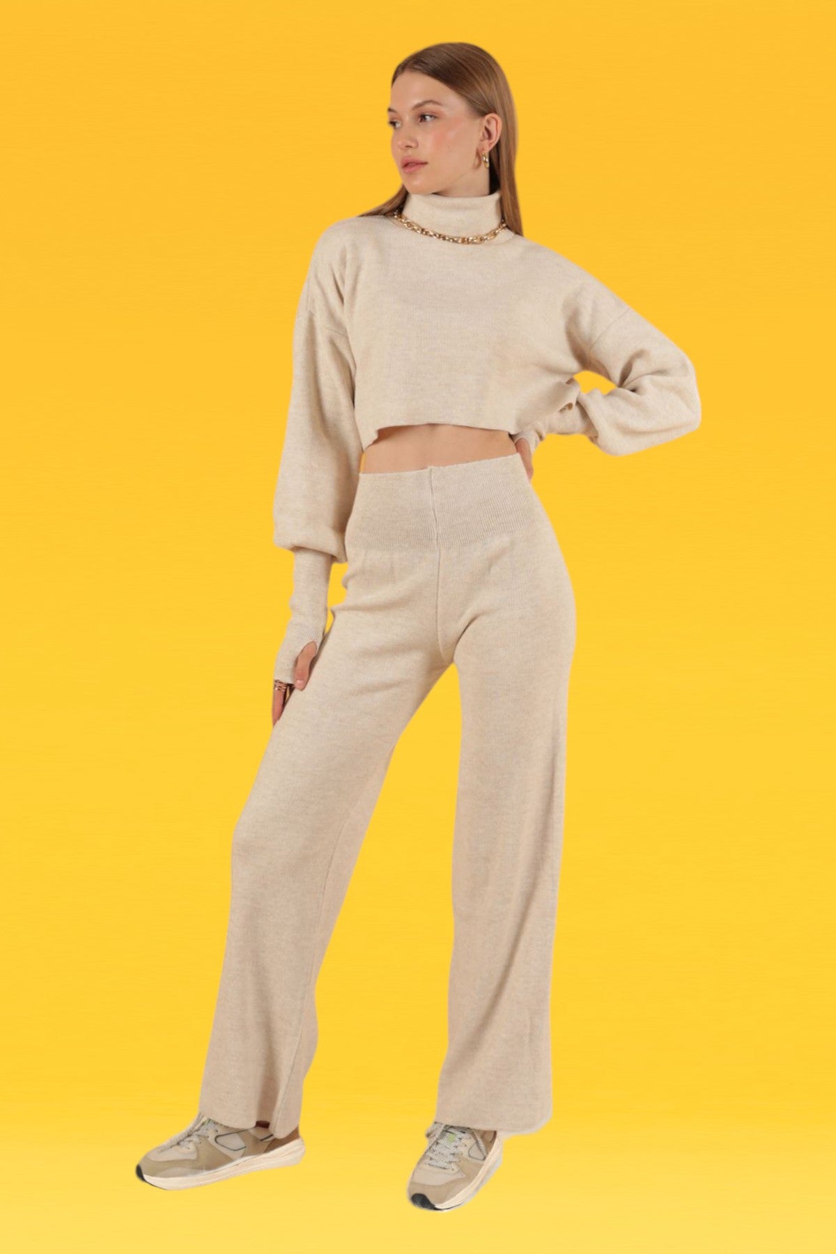 Knitted Crop Turtleneck Sweater with Puff Sleeve-Beige