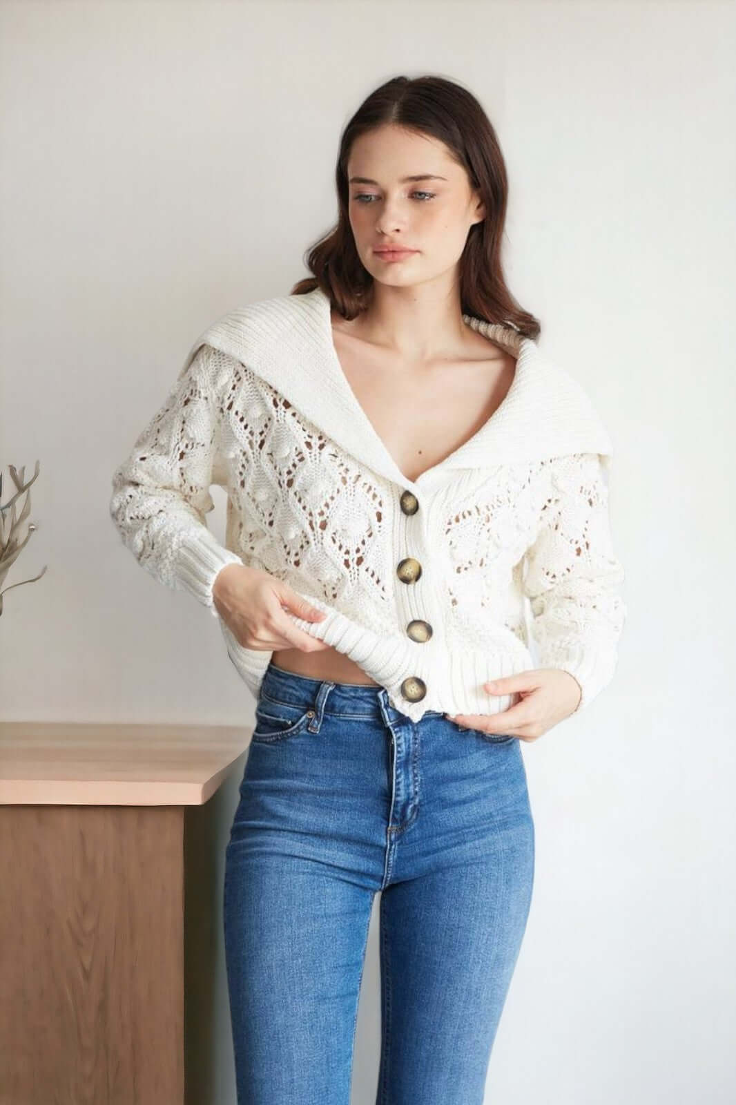 Handkerchief Neck Cardigan-Row Ecru