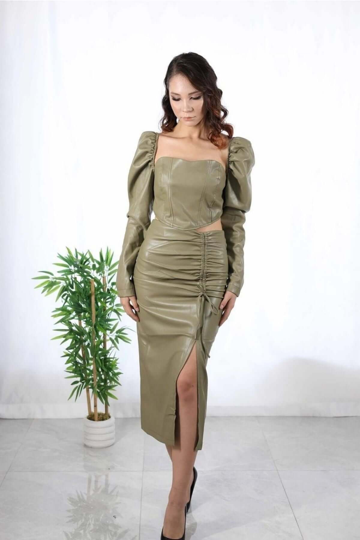 Faux Leather Long Midi Skirt - Khaki