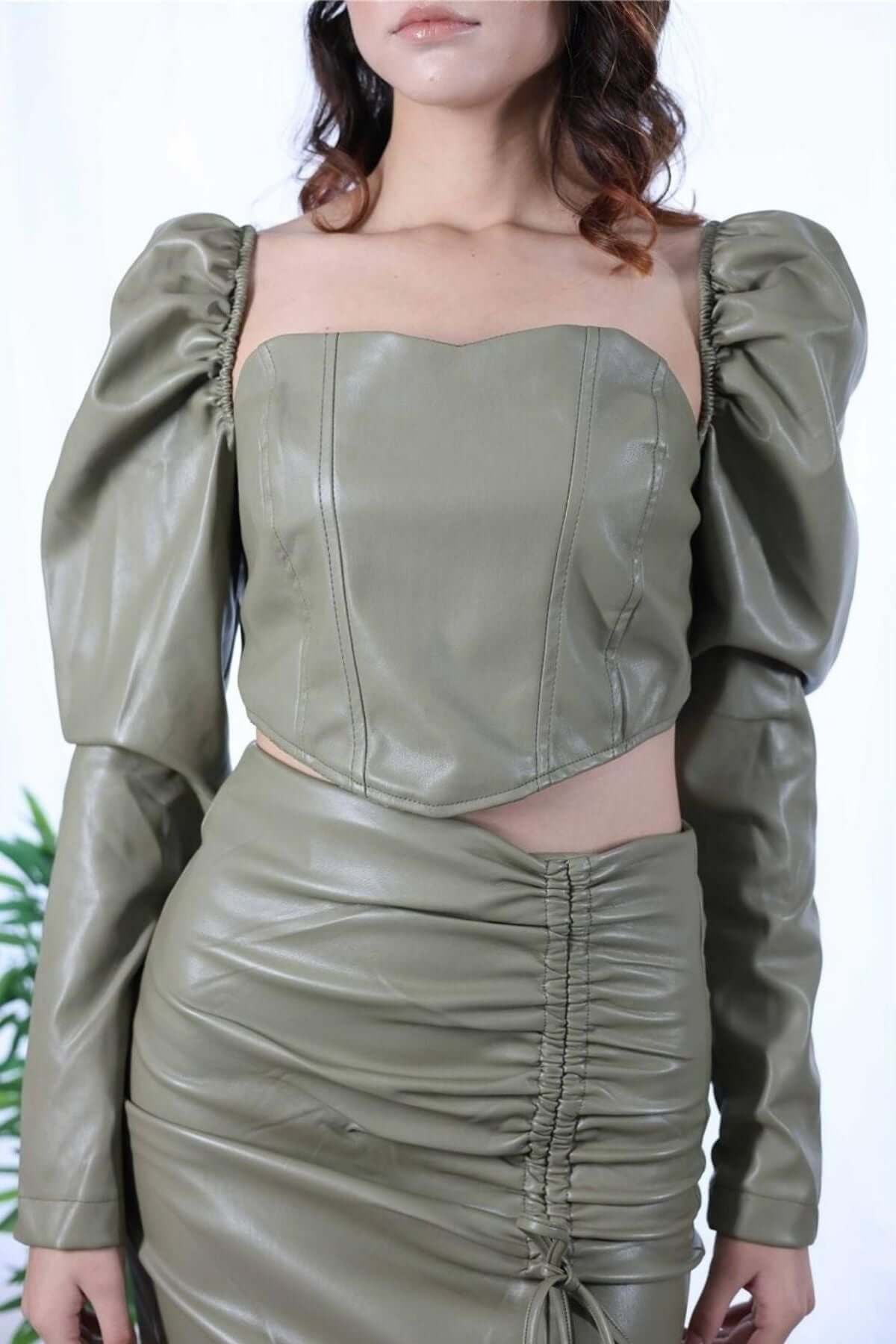 Faux Leather Long Sleeve Strapless Crop -Khaki