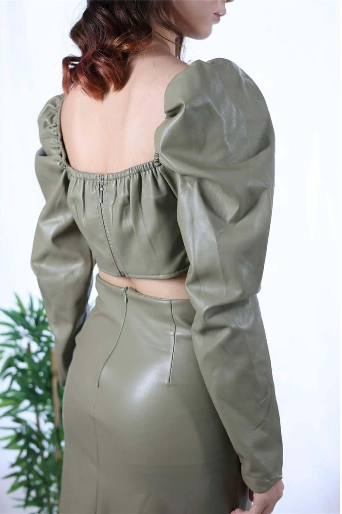 Faux Leather Long Sleeve Strapless Crop -Khaki