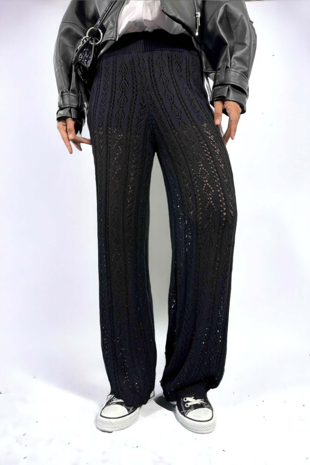 Openwork Knitwear Trousers-Black