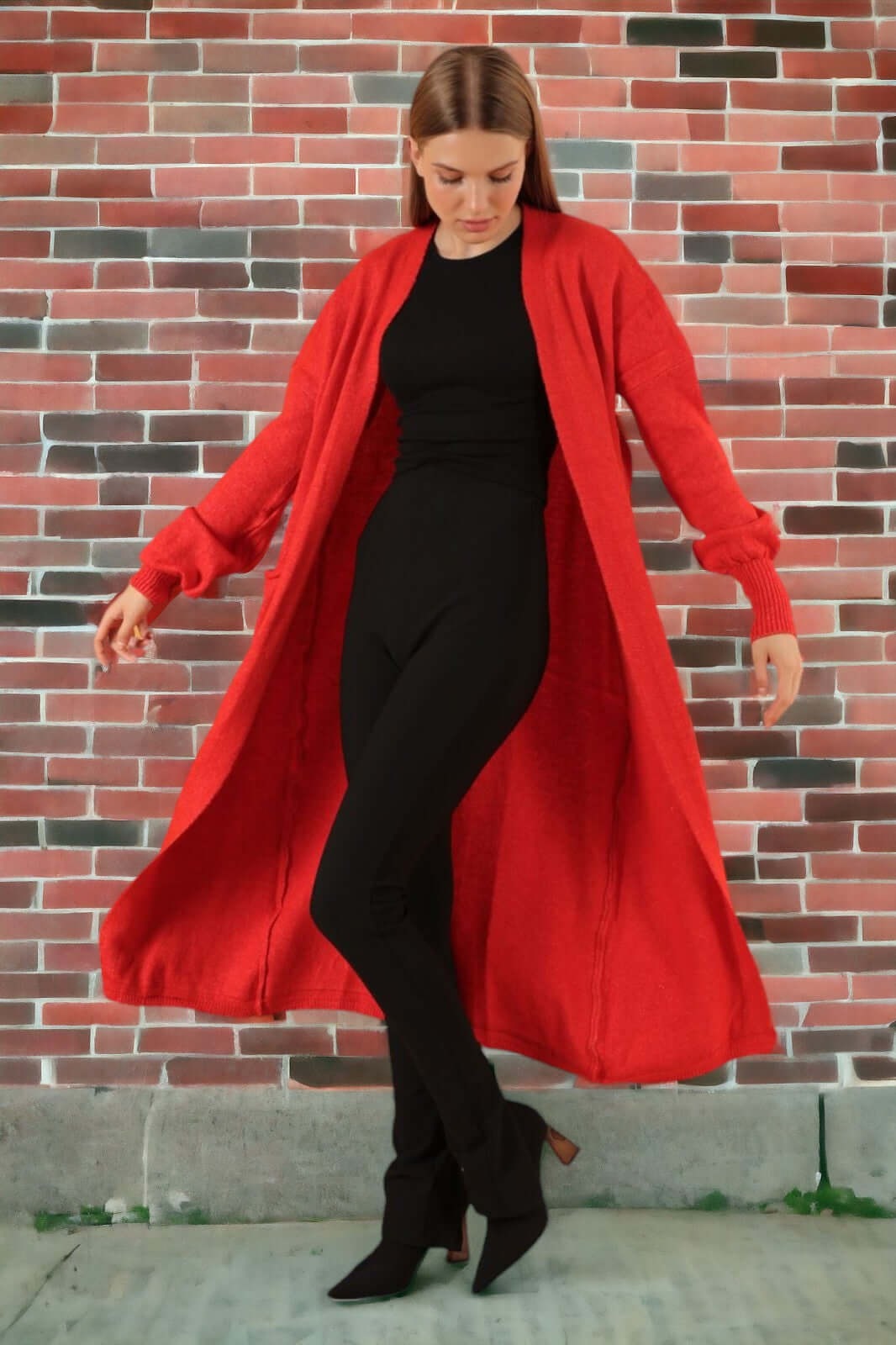 Knitwear Fabric Shawl Collar Long Cardigan-Red