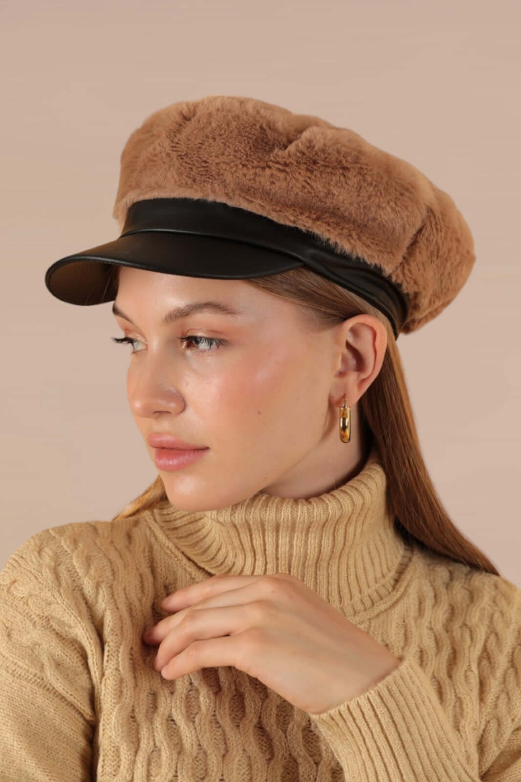 Faux-Fur Cap with Leather Detail-Mink