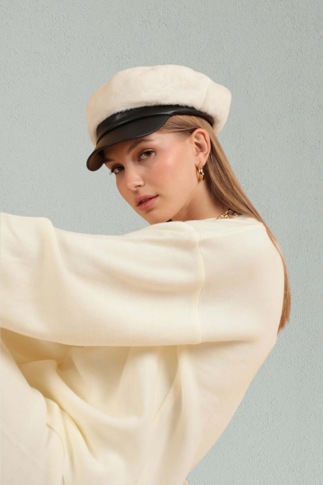 Faux-Fur Cap with Leather Detail-White