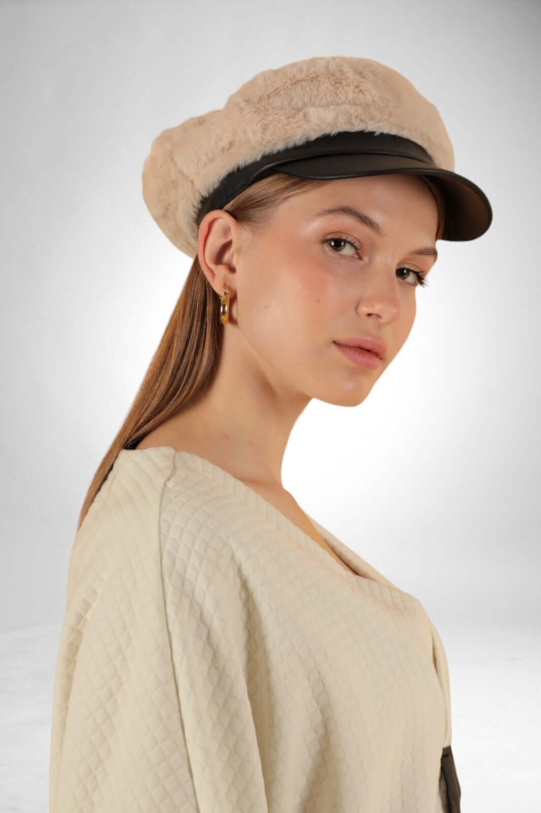 Faux-Fur Cap with Leather Detail-Beige