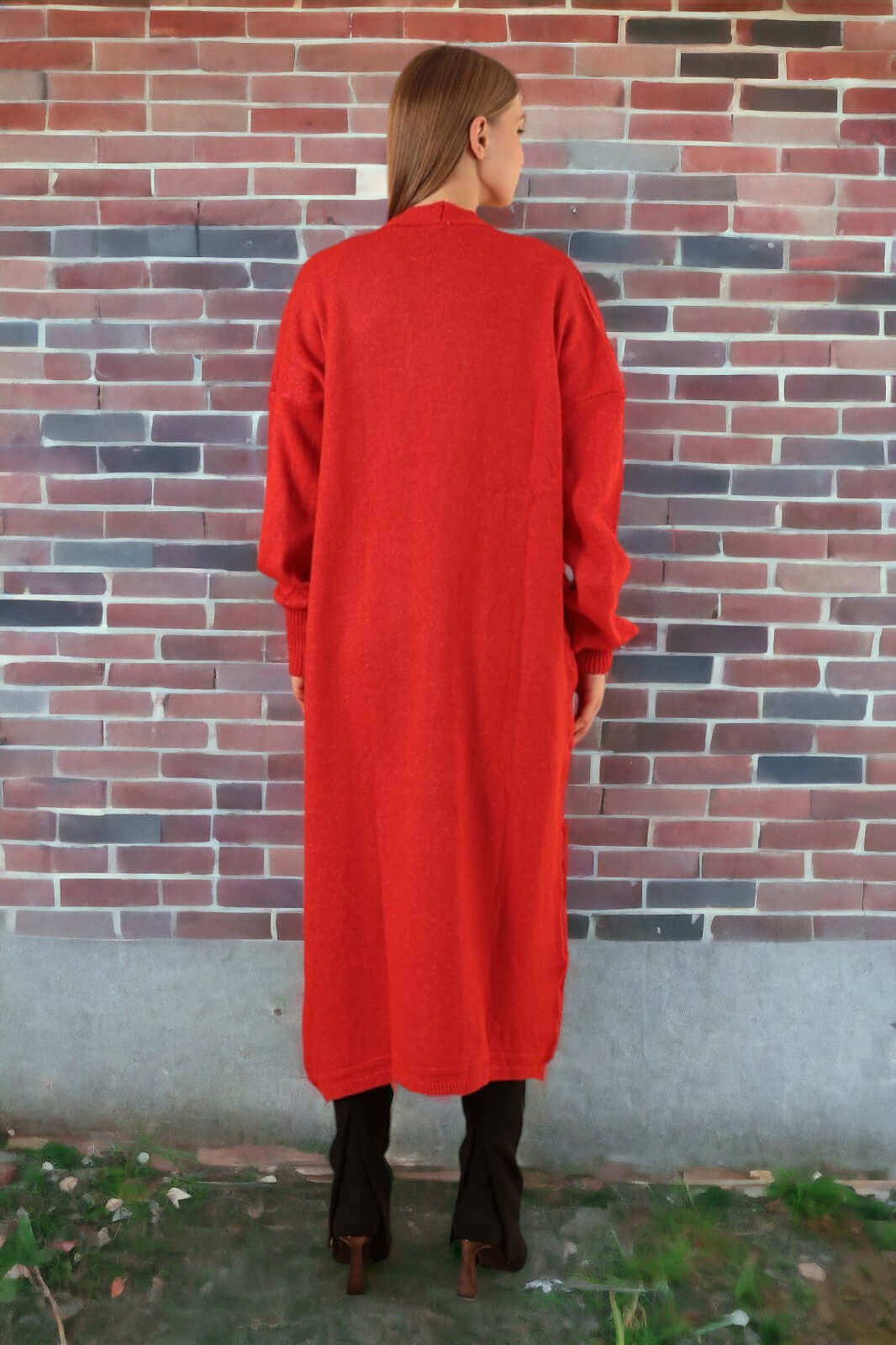 Knitwear Fabric Shawl Collar Long Cardigan-Red