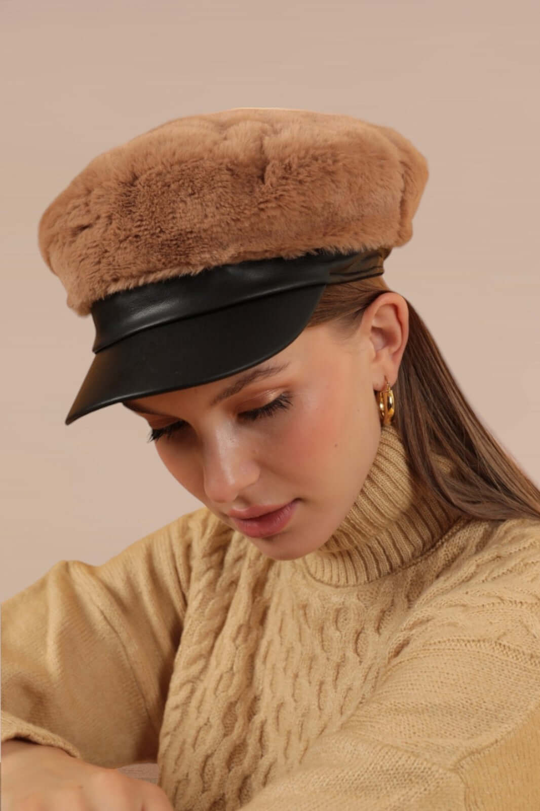 Faux-Fur Cap with Leather Detail-Mink