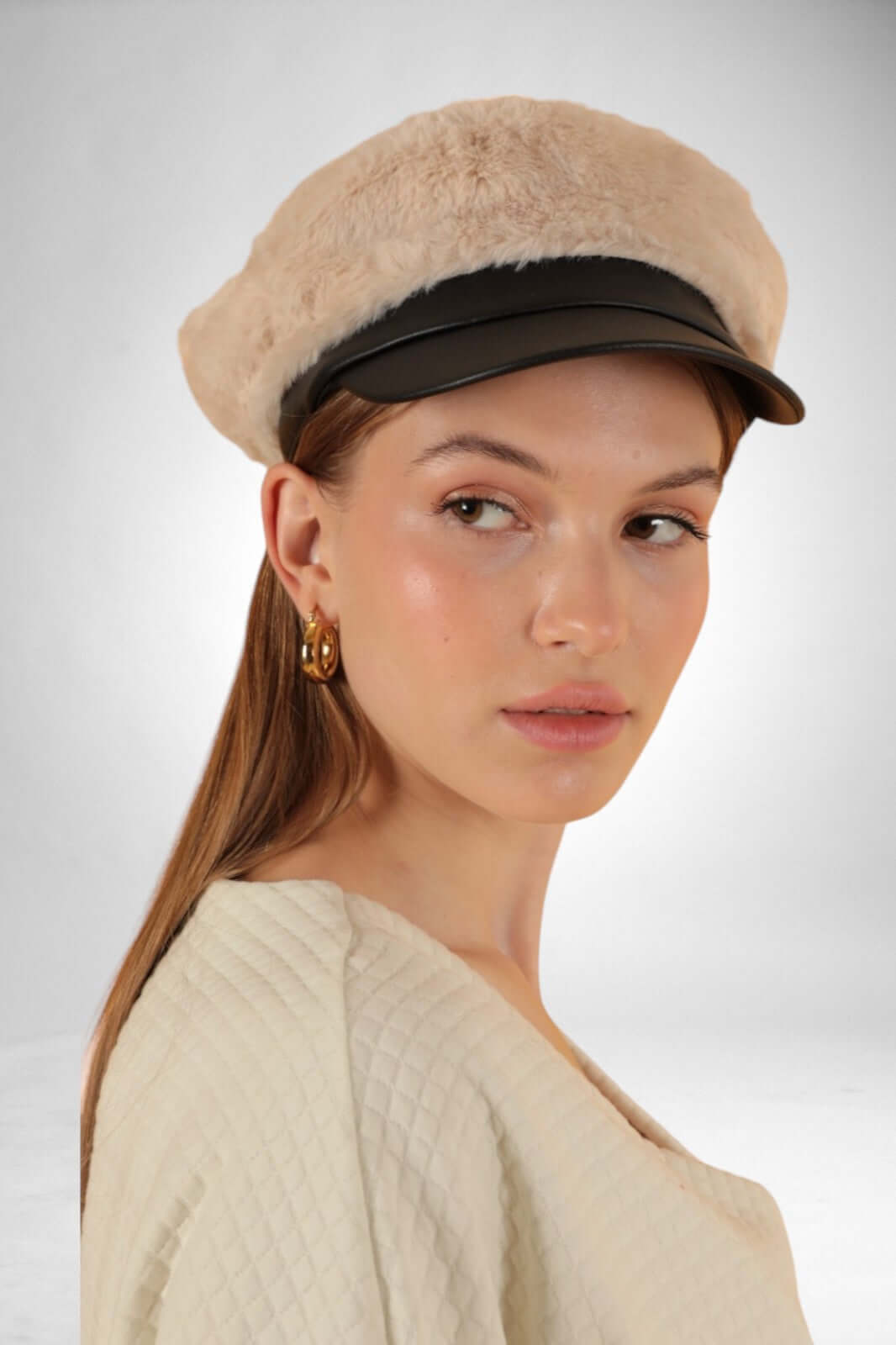 Faux-Fur Cap with Leather Detail-Beige