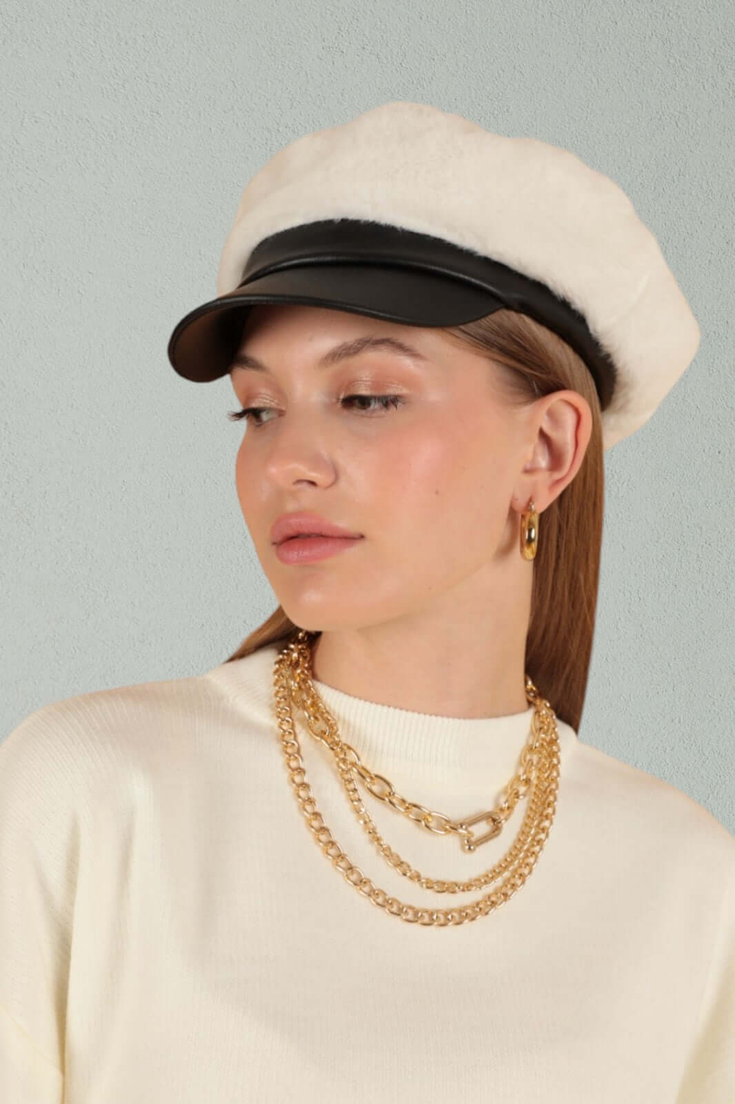 Faux-Fur Cap with Leather Detail-White