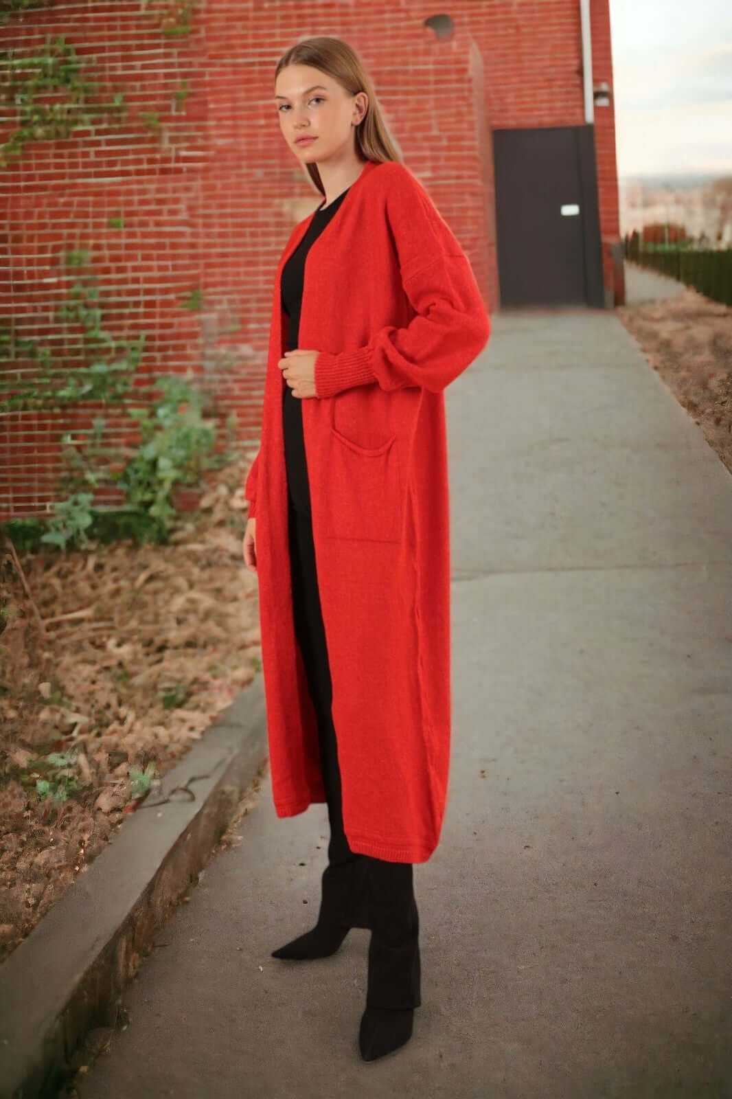 Knitwear Fabric Shawl Collar Long Cardigan-Red