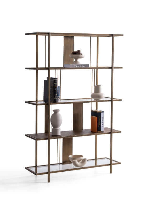 LATTE BRASS AND WOOD BOOKSHELF