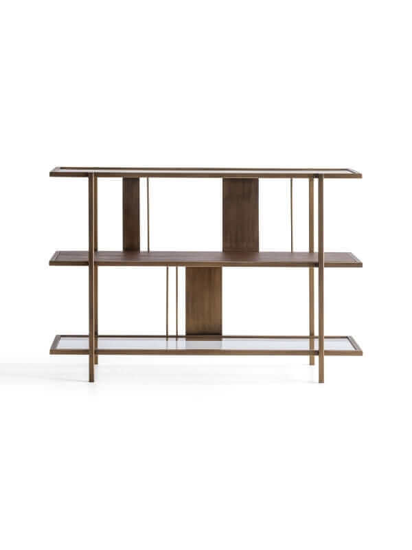 LATTE BRASS AND WOOD SEAT BACK CONSOLE TABLE