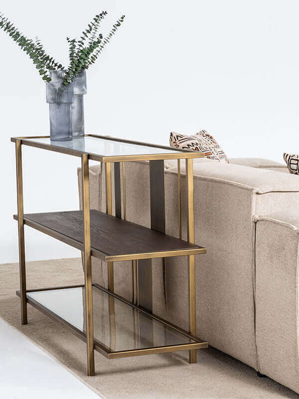 LATTE BRASS AND WOOD SEAT BACK CONSOLE TABLE