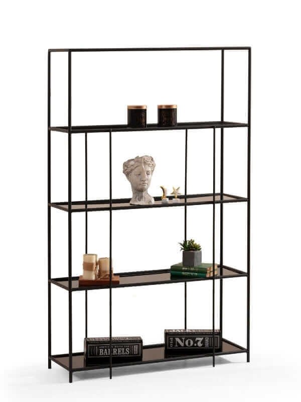 RACHEL BLACK STEEL BOOKSHELF WITH GLASS SHELVES