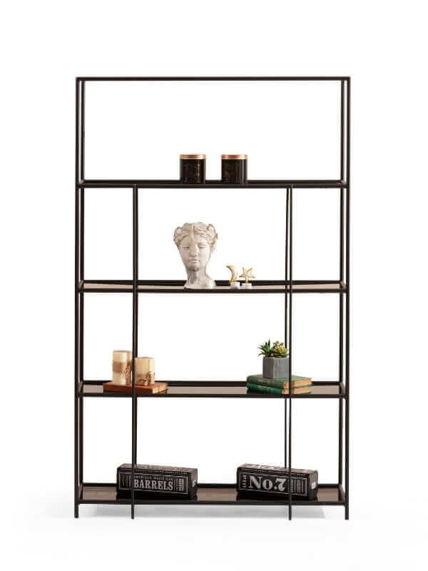 RACHEL BLACK STEEL BOOKSHELF WITH GLASS SHELVES