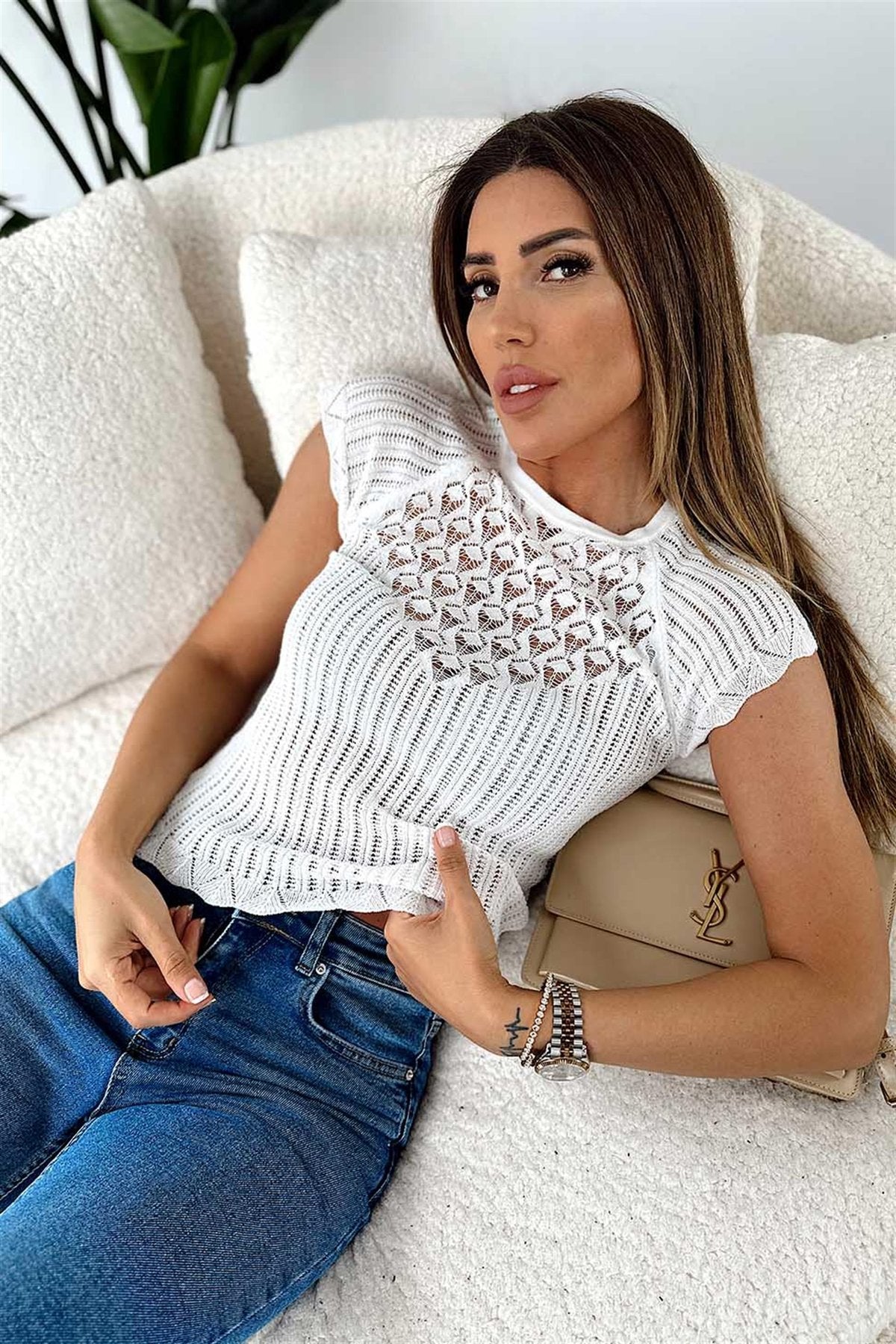 Openwork Short Sleeve Top-White