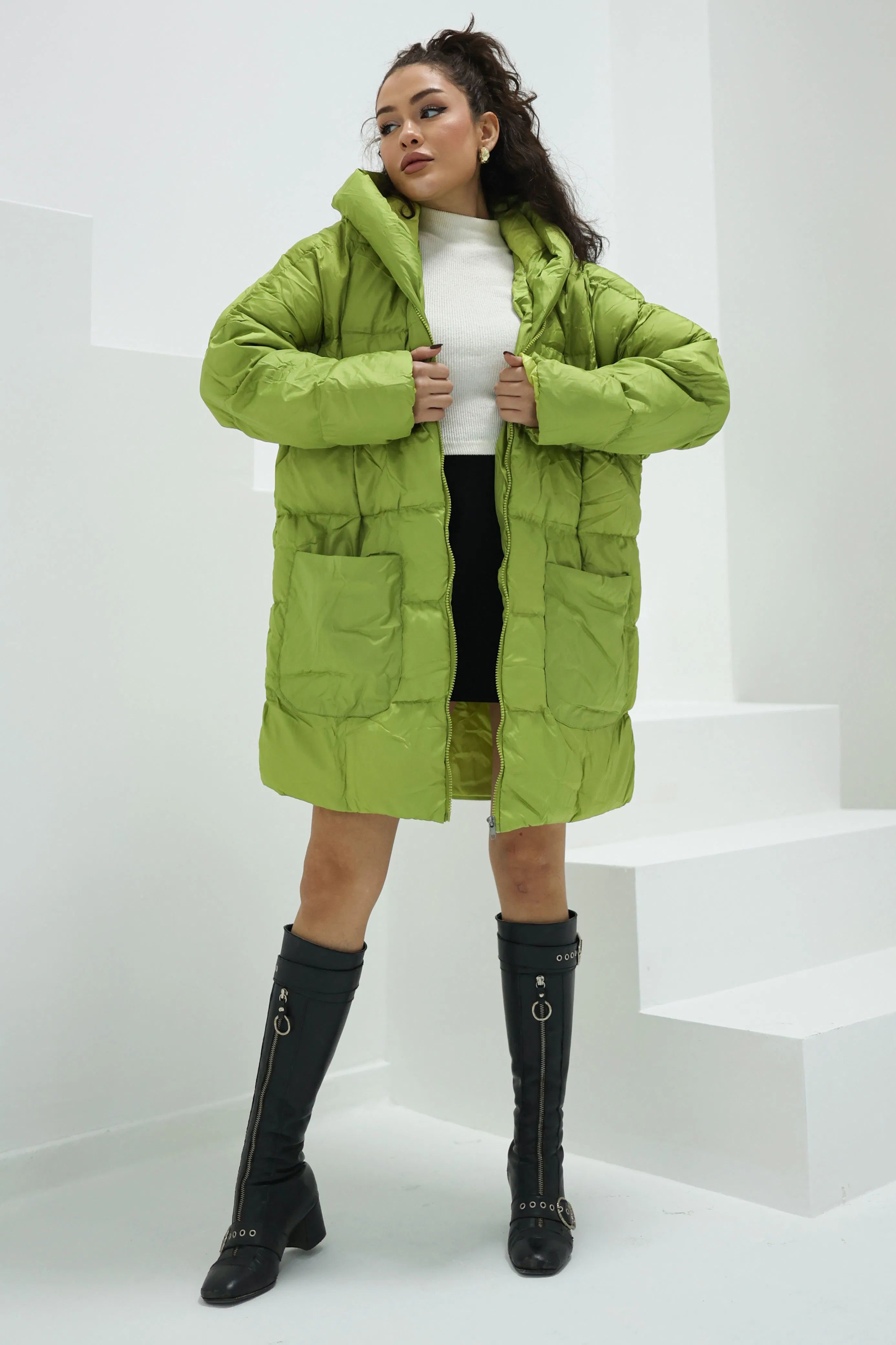 Quilted Short Puffer Jacket - Oil Green