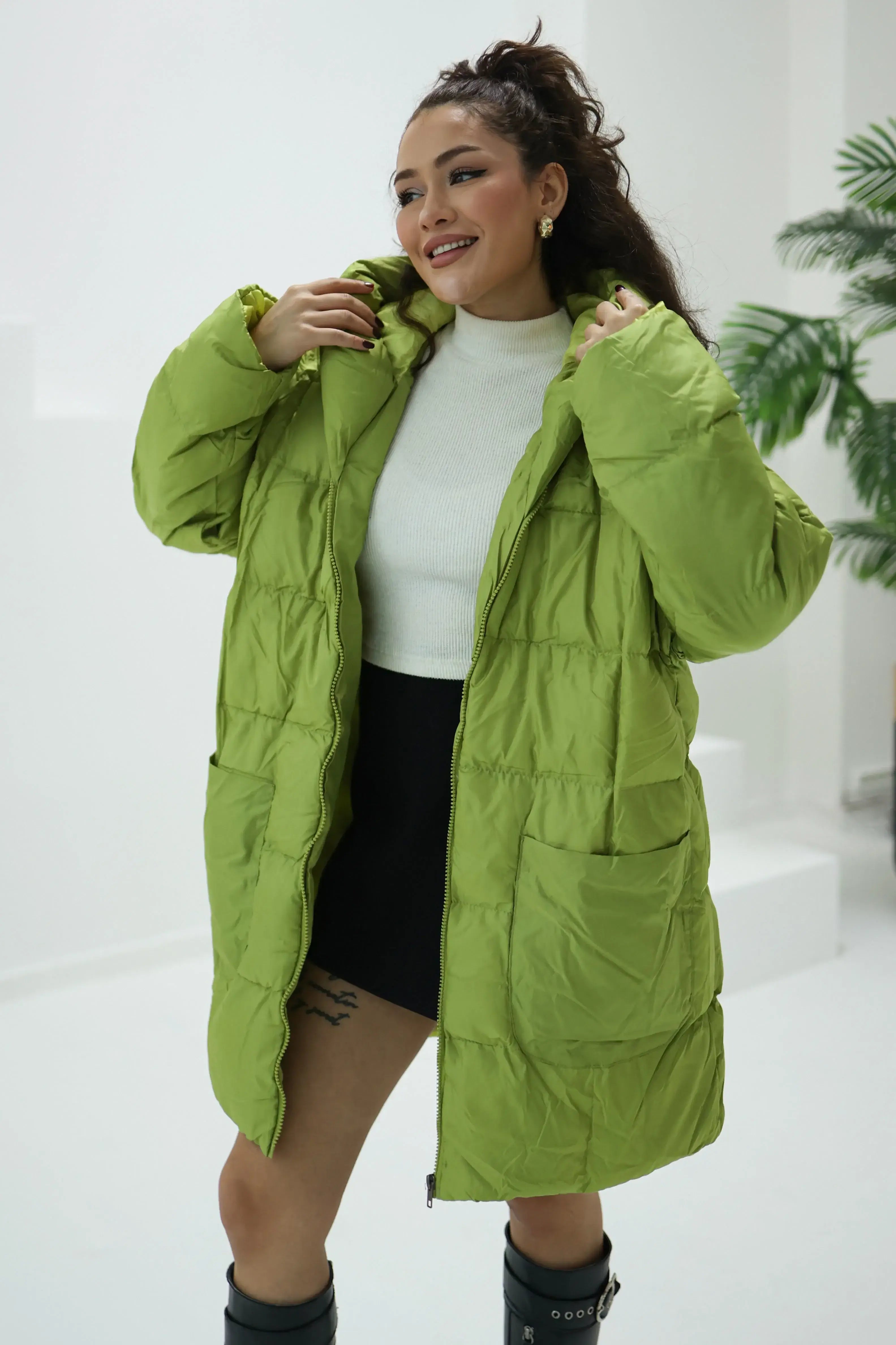 Quilted Short Puffer Jacket - Oil Green