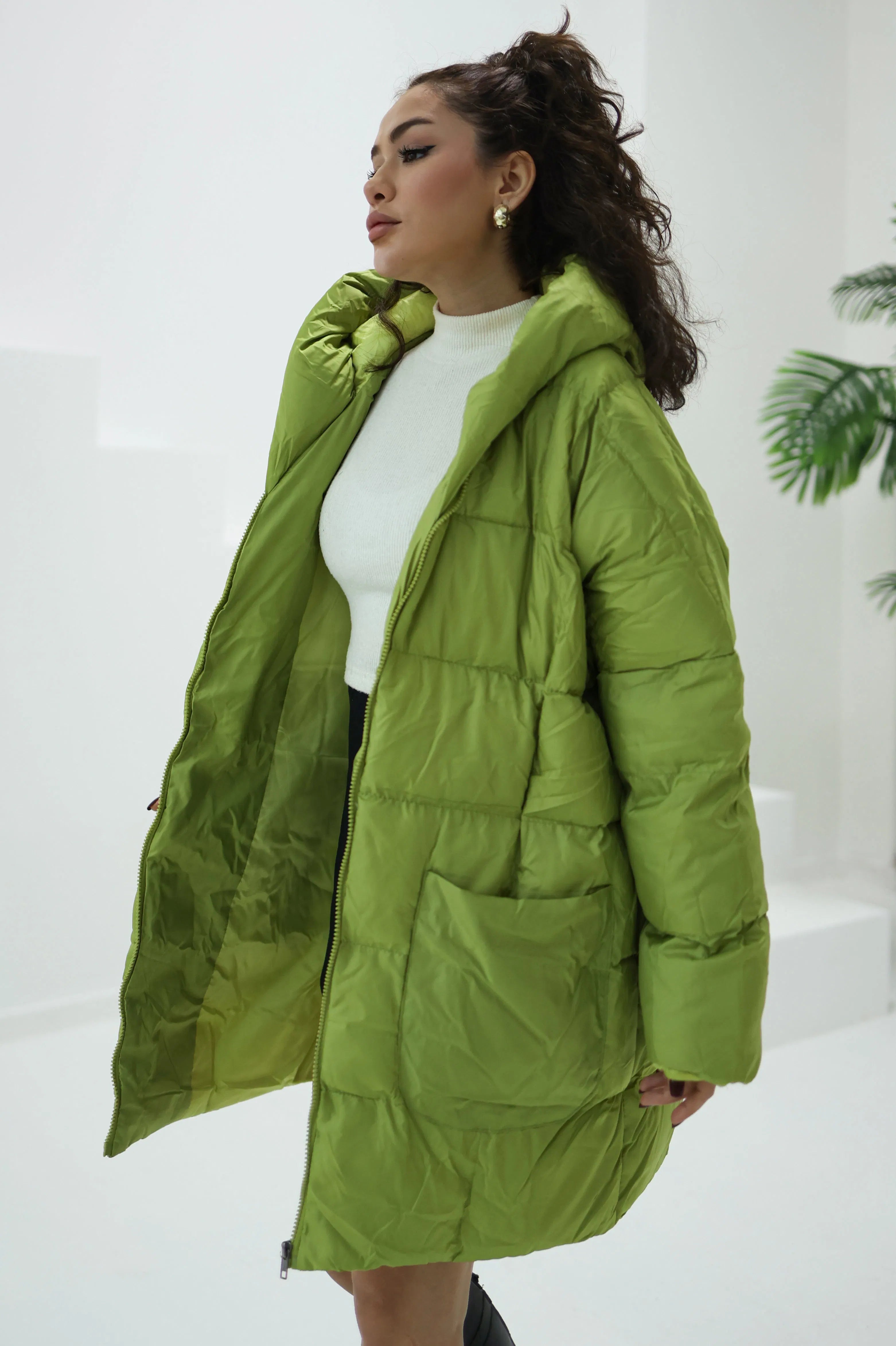 Quilted Short Puffer Jacket - Oil Green