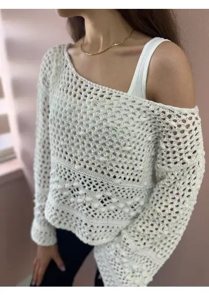 Openwork Sweater with Pompom-Ecru